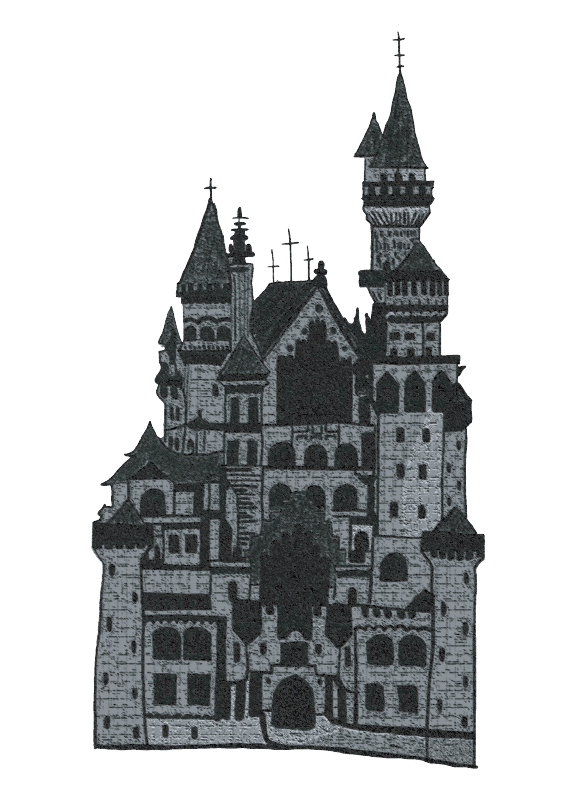 Old victorian style castle in color and black and white.